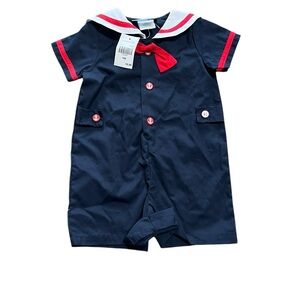 Good Lad Navy Romper with Red and White Trim